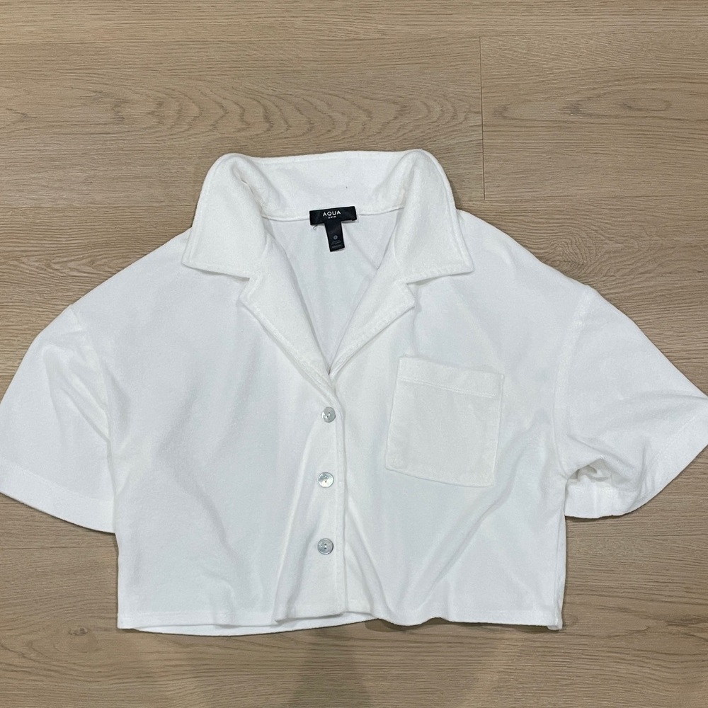 Aqua White Cropped Button-Up Camp Collar Shirt